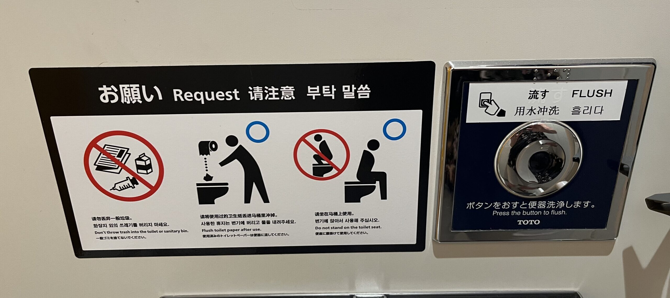 Sign with instructions on the appropriate way to use a toilet in Japan.
