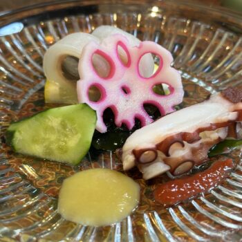 Tsukemono - Japanese pickled vegetables including pick colored lotus root, cucumber a piece of octopus with tow sour plum sauces one yellow and one a burgundy color.