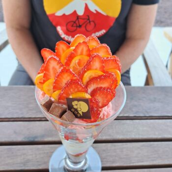 O Cycle Japan enjoys Japanese strawberry dessert. Food and ice cream treats are special in Japan.