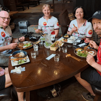Enjoying lunch while cycling. The varied cuisine in Japan offers ever foodie something new and wonderful to enjoy.