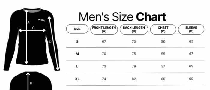 Men's sizing chart for our cycling jersey's.