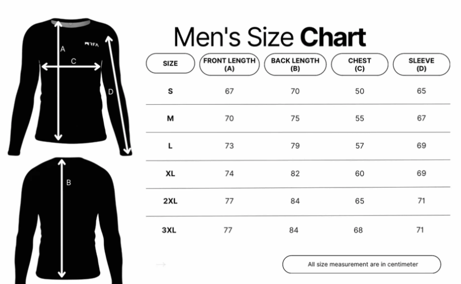 Men's sizing chart for our cycling jersey's.
