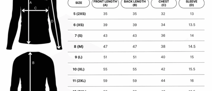 Youth sizing chart for our cycling jersey's.