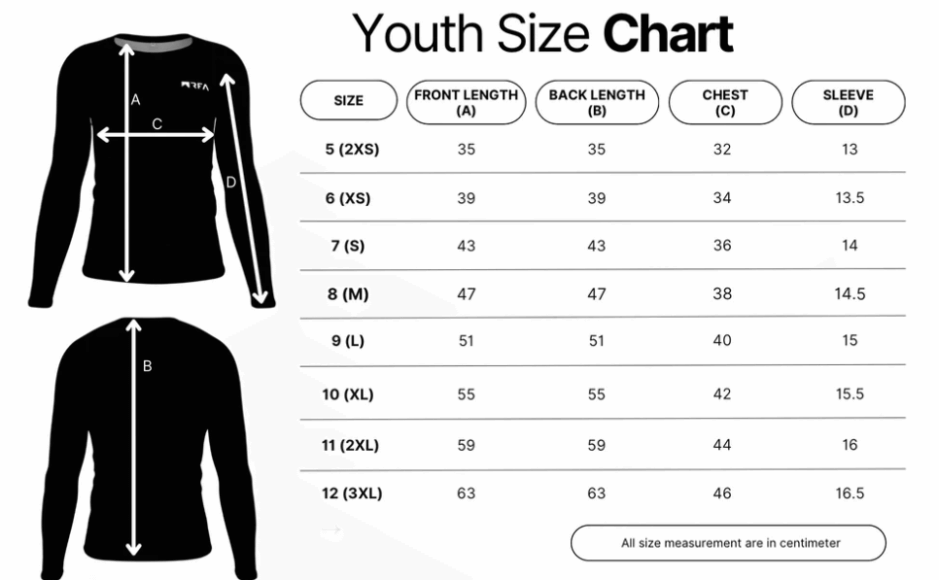 Youth sizing chart for our cycling jersey's.